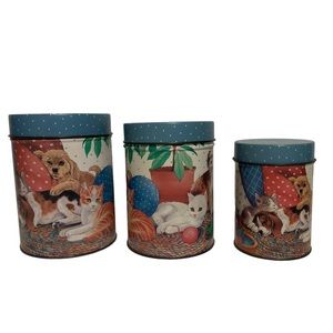 Vtg J.S.N.Y. Best Friends Nested 3 Pc canister set tins polkadot lids do…